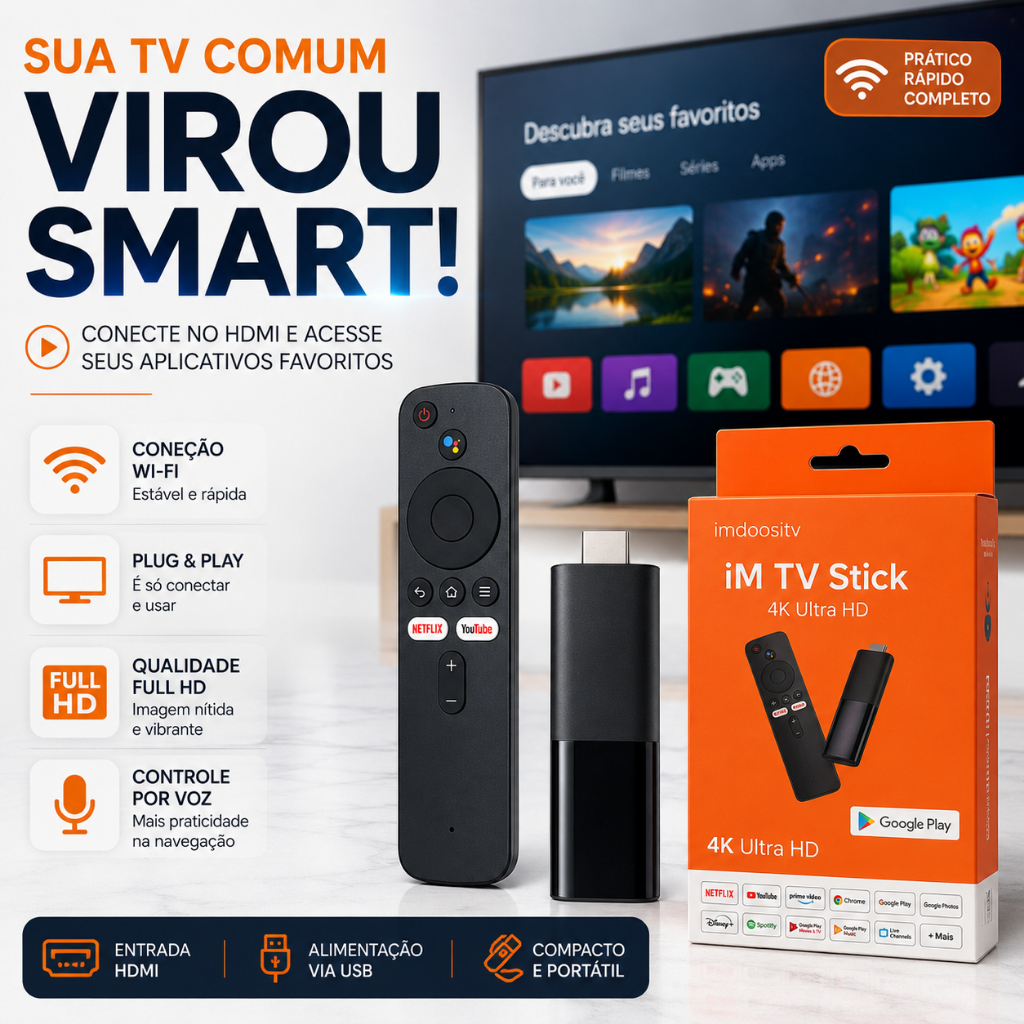 TV Stick Android Full HD Smart TV WiFi Controle por Voz Streaming HDMI