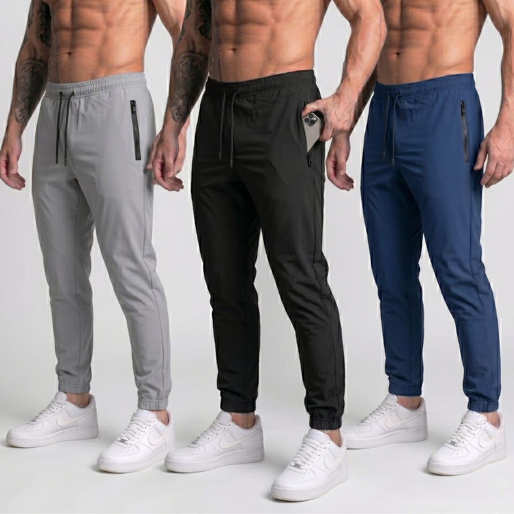 KIT COM 3 CALÇA JOGGER MASCULINA Tactel Com Elastano Bolsos Com Zíper fitness calça para treinar