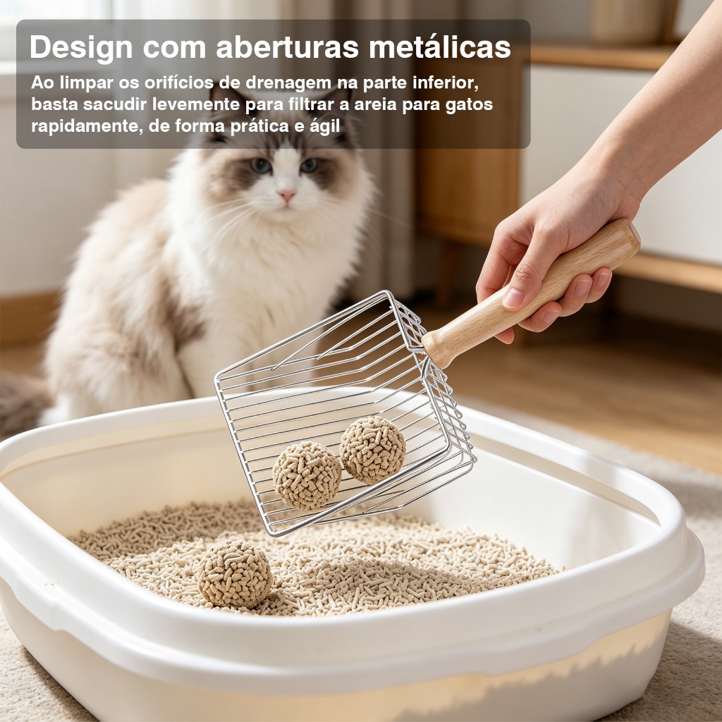 Pá de areia de gato em metal, peneira larga, resistente e durável, com cabo longo de madeira