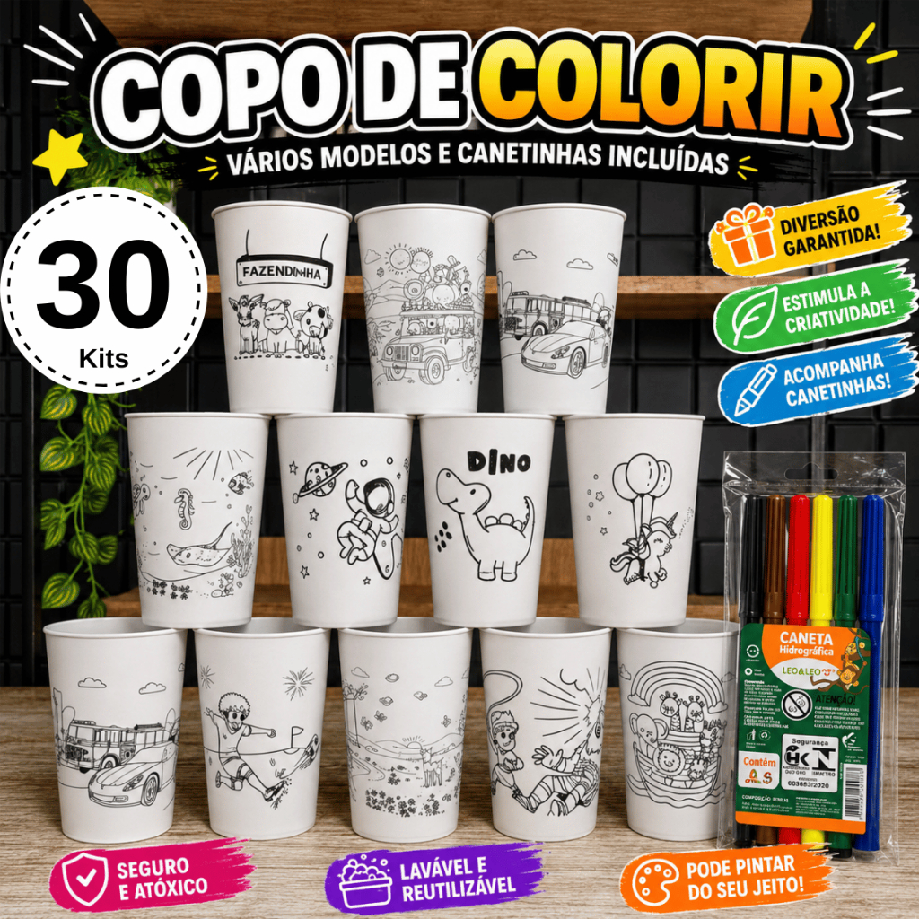 Lembrancinha de Aniversário Copo de Colorir Canetinha 30 Kits Várias Estampas Festas Crianças