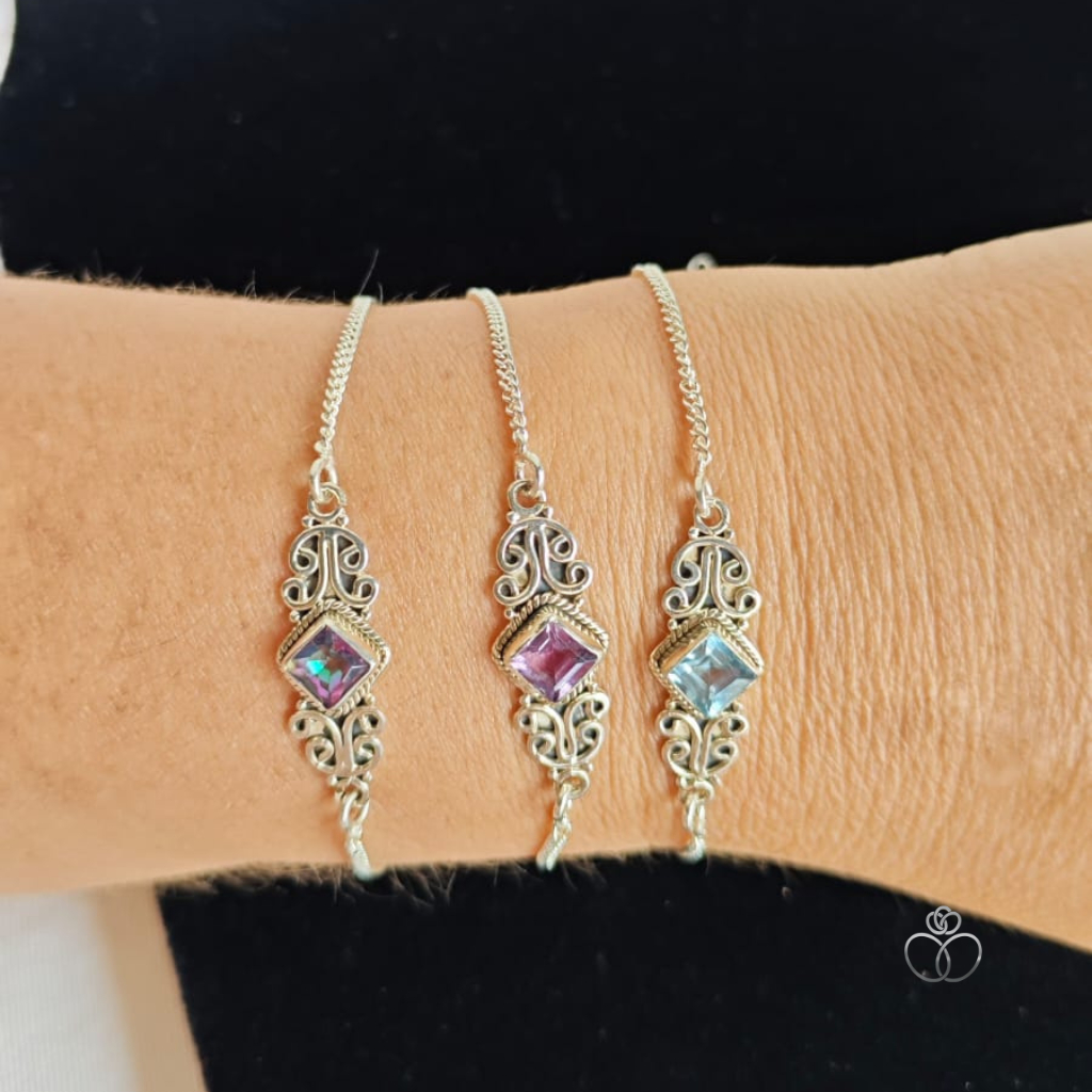 Pulseira Prata 925 Feminina Pedra Natural Lapidada Losango Bali | Joia Artesanal Elegante Exclusiva