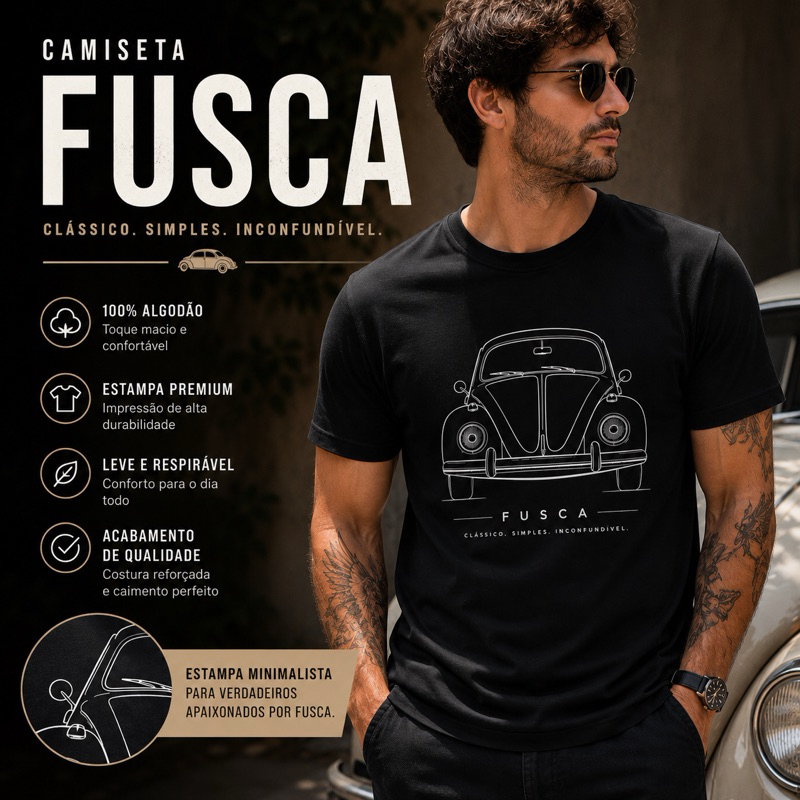 Camiseta Fusca Minimalista Masculina 100% Algodão Estampa Carro Clássico Vintage Premium