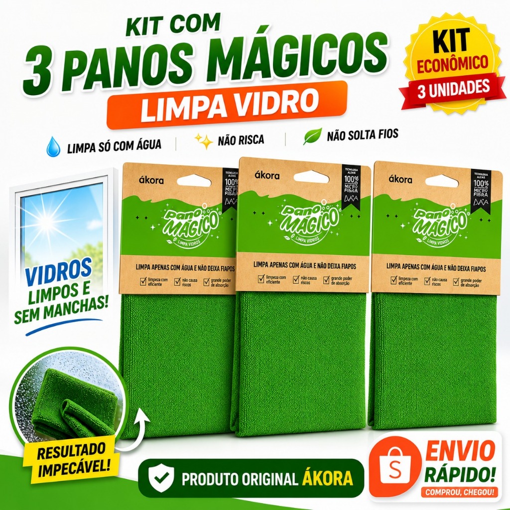 Kit 3 Pano Mágico Limpa Vidros Microfibra Sem Fiapos Espelho Box Janela , Ákora