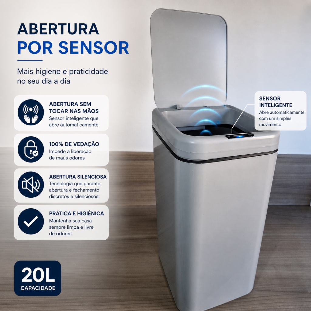 Lixeira Com Sensor Automática Inteligente Grande Cinza 20 Litros á Pilha Banheiro Cozinha Escritório