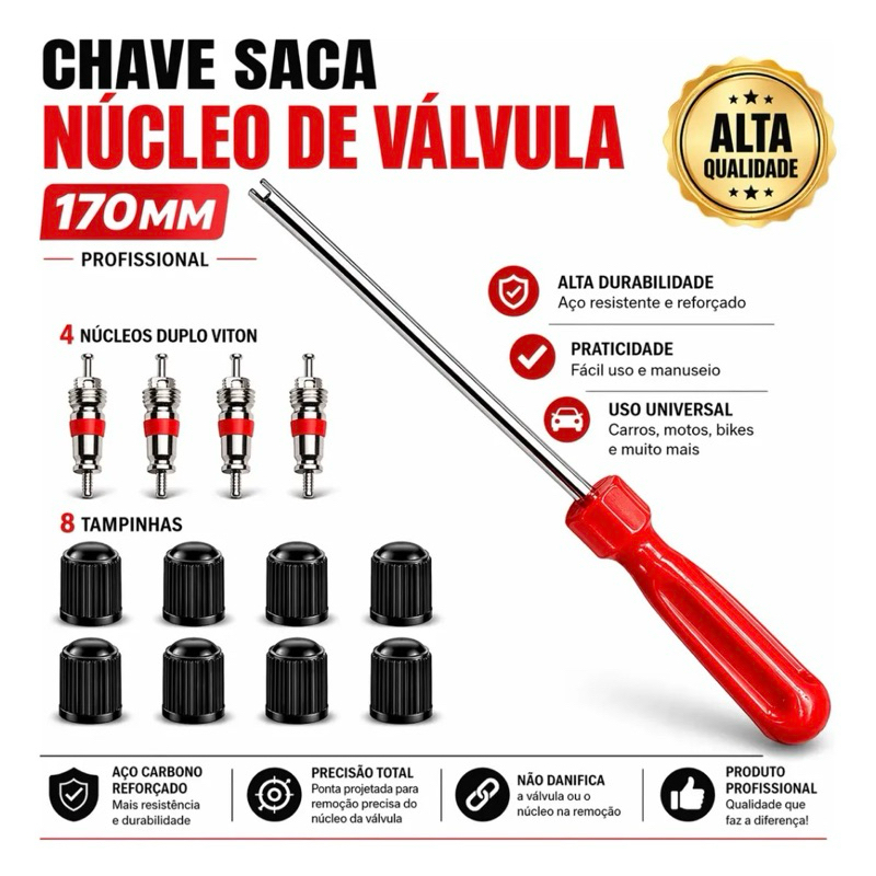 Kit 1Chave saca núcleo 170mm +8 Tampinhas  + 4 Núcleo Duplo Viton  para Válvula