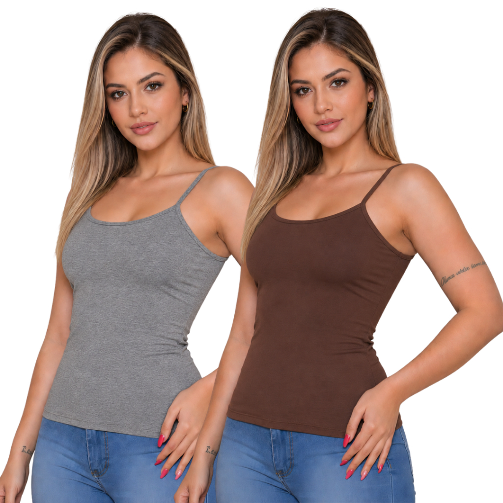 Kit 2 Cropped Regatinha Canelado Decote Cavada Algodao Moda Gringa Regata Feminina Camiseta Basica
