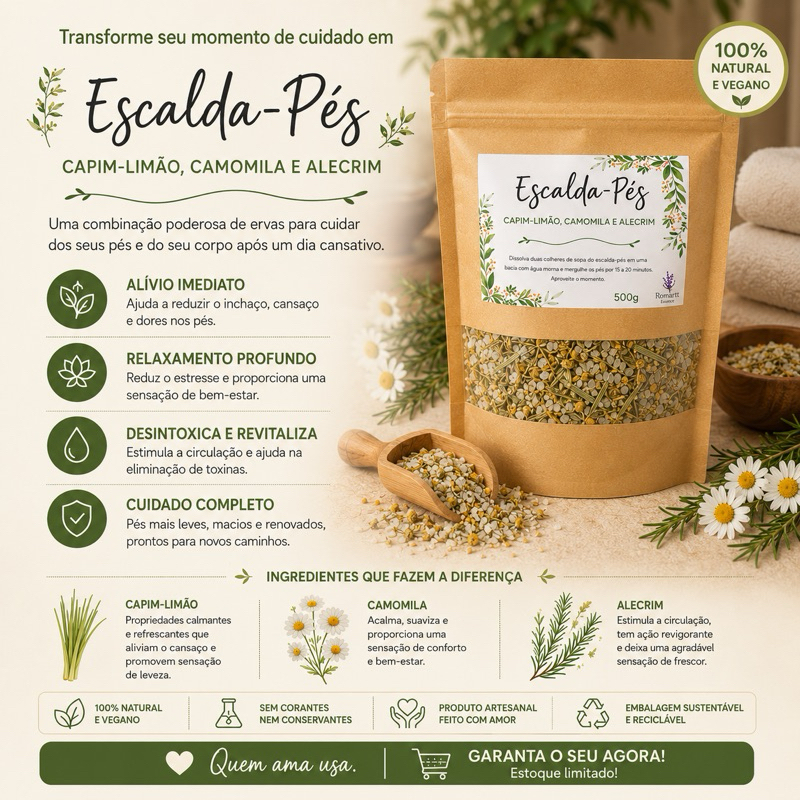 500g Escada-Pés Artesanal Relaxante | Ervas Naturais | Autocuidado | Spa pés • Capim-Limão • Camomila • Alecrim