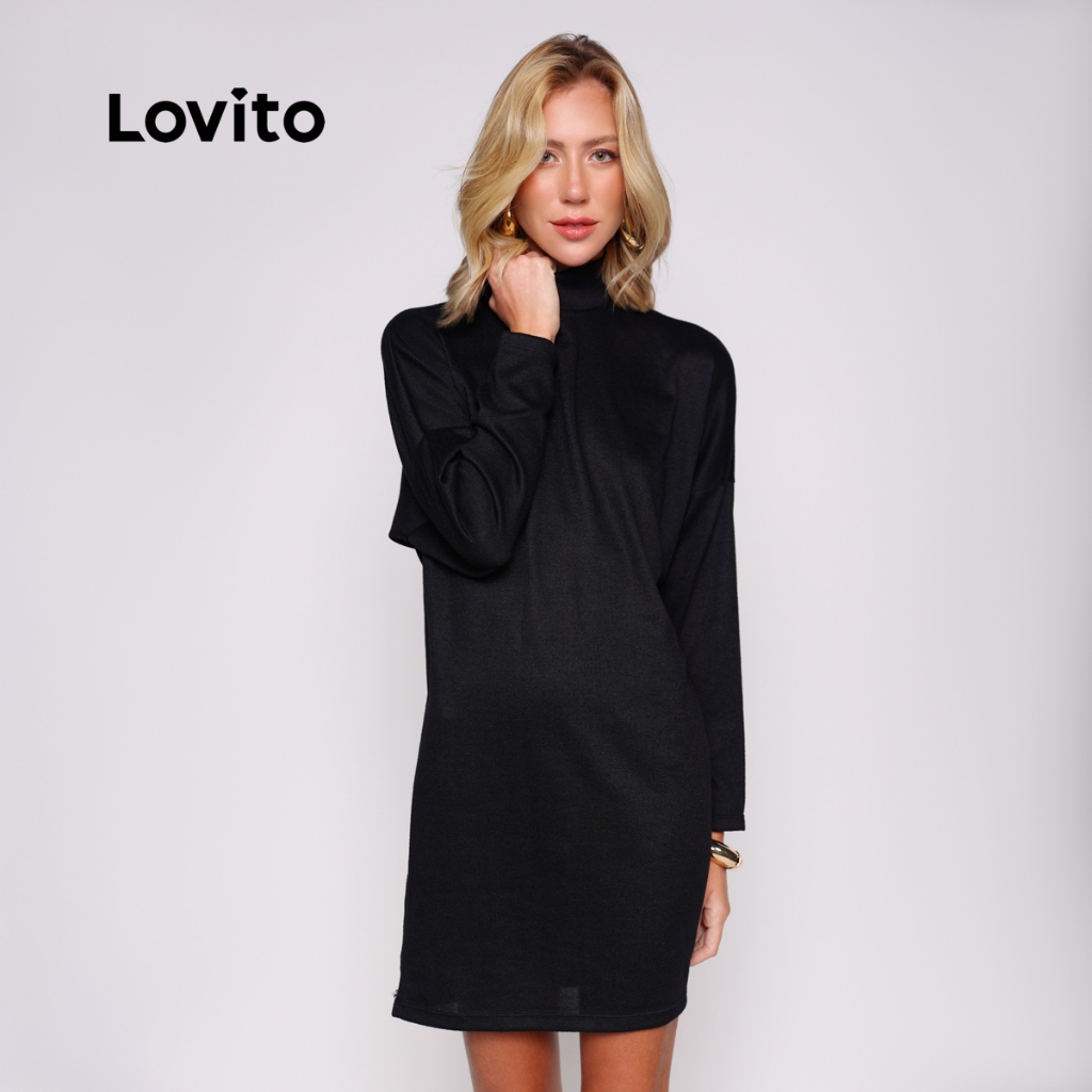 Lovito Vestido Gola Alta Inverno Feminino Manga Longa em Malha Tricot Moda  DRB18171847