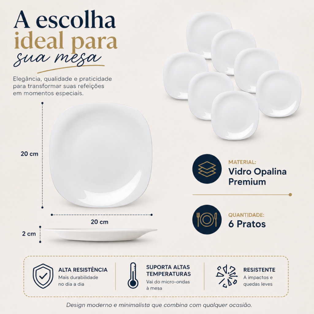 Kit 6 Pratos Rasos Quadrados Brancos Opalina 20cm Premium Para Mesa Posta E Restaurantes — imagem 2 de 2
