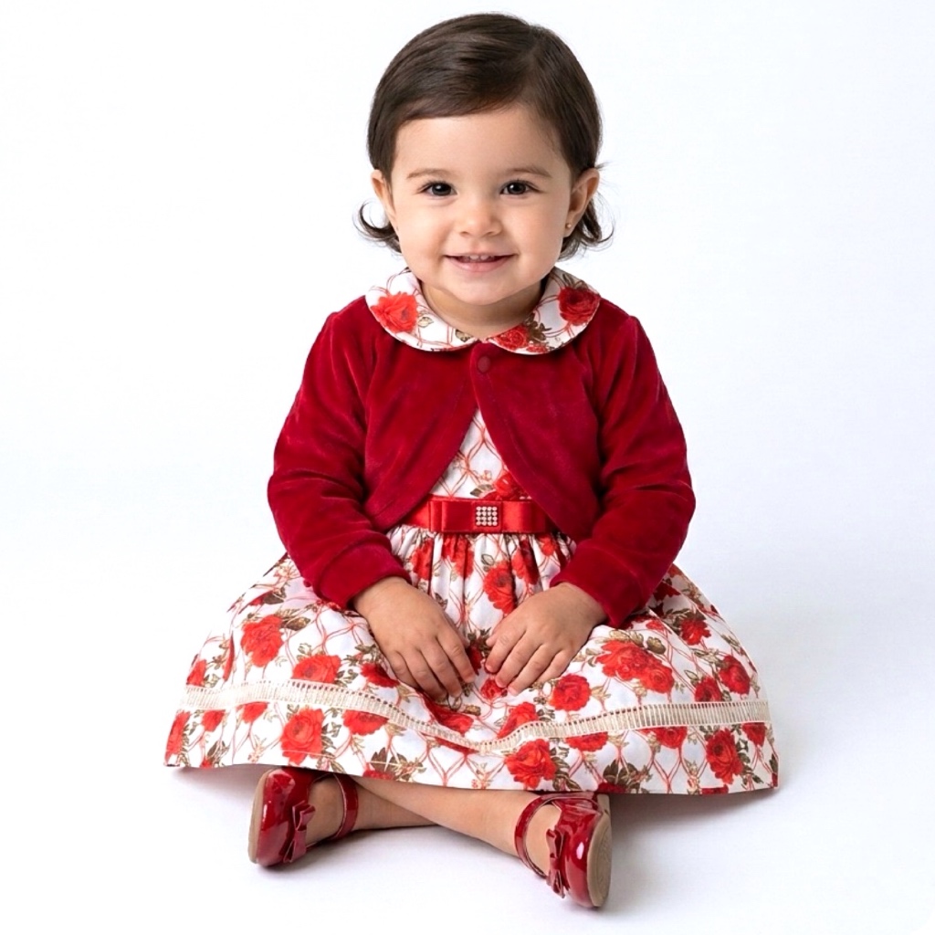 Vestido Infantil Floral Vermelho com Bolero de Plush Menina Festa Inverno Bebê 2 Meses a 4 Anos