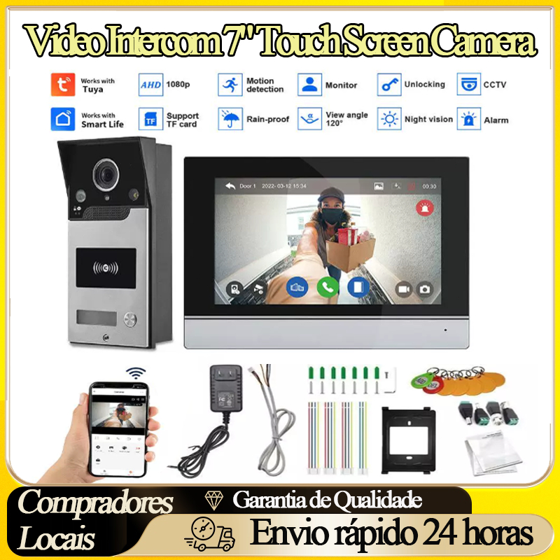 Campainha Inteligente Video Campainha 7" Touch Bivolt 120° Gravação Alumínio  Monitor Residencial com Abertura Remota