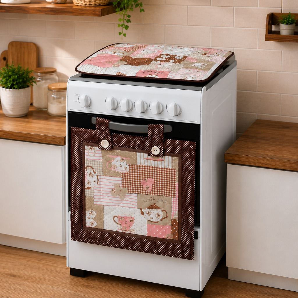 Kit para fogão 4 Bocas  Cortina Forno + Capa P/ Tampa Fogão  - Café Paris