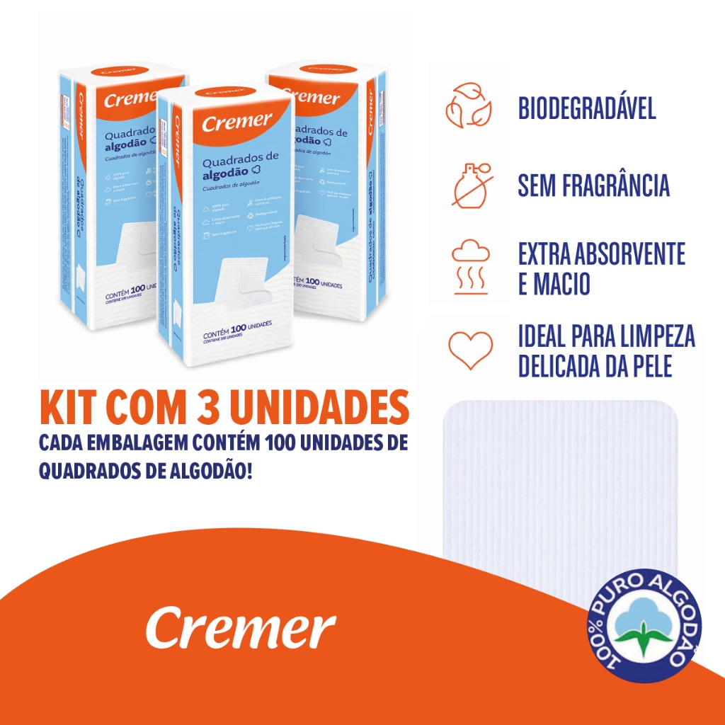 Kit 3 pacotes de Algodão Cremer Quadrado 100% Algodão Puro Para Skincare Higiene e Bebê | 300 un