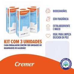 Kit 3 pacotes de Algodão Cremer Quadrado 100% Algodão Puro Para Skincare Higiene e Bebê | 300 un