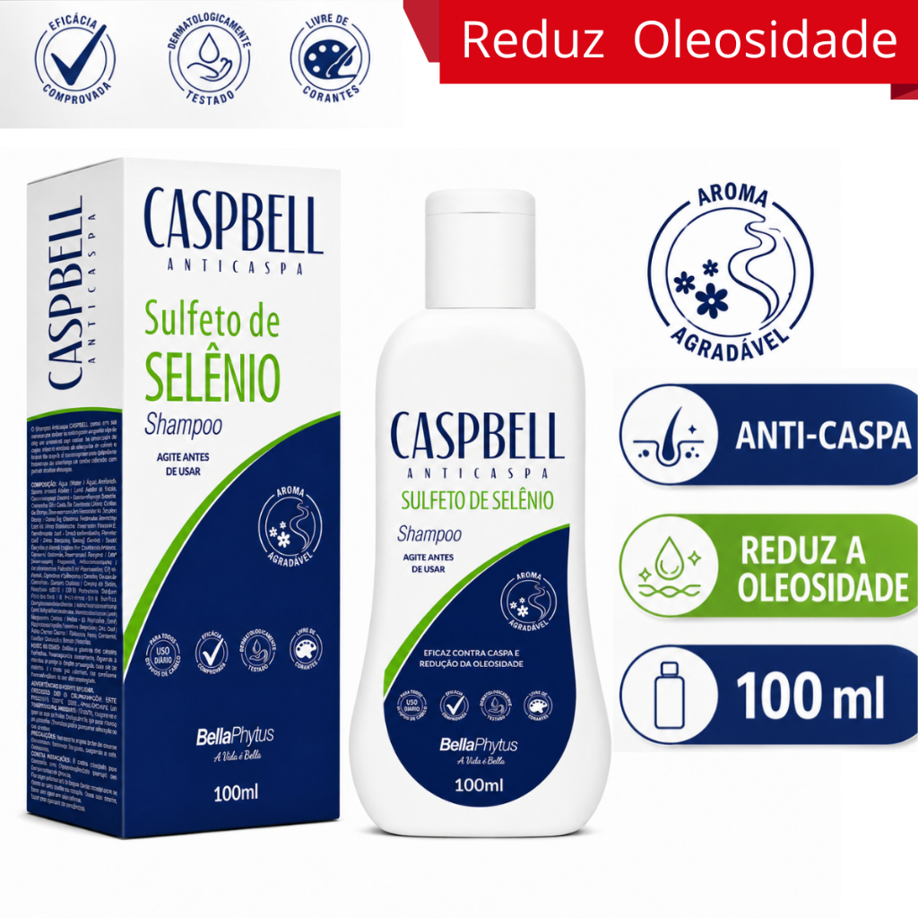Shampoo Anti Caspa Sulfeto de Selênio 100ml Caspbell Reduz Oleosidade aroma agradável - BellaPhytus