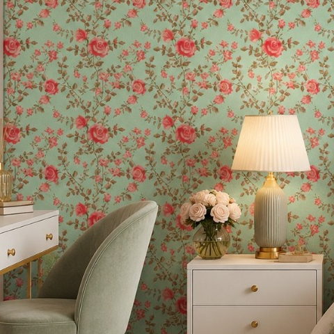Papel de Parede Adesivo Floral Rosa Fundo Verde Vinil Adesivo Lavável Fosco Decorativo Premium Sala