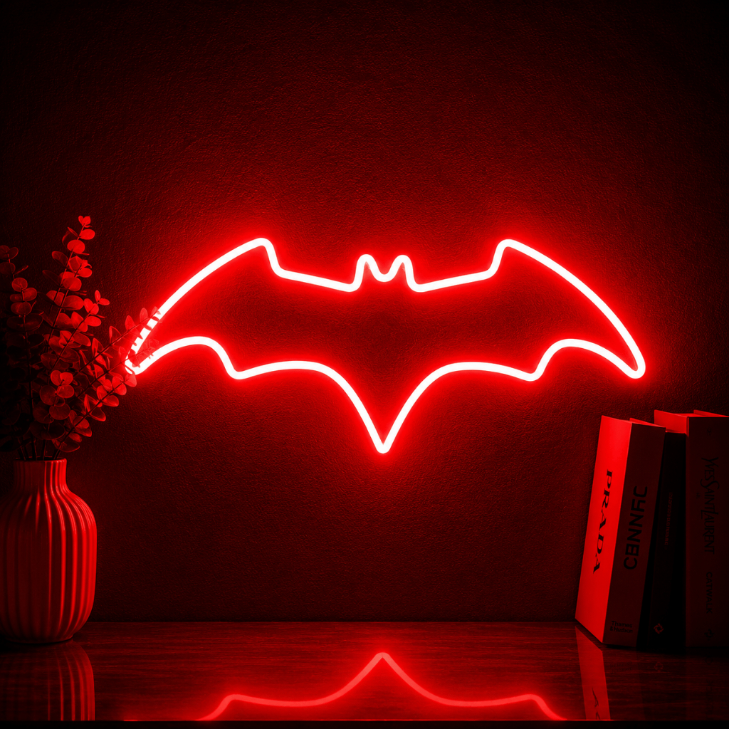 Luminária Led Neon Batman 33 Cm Bivolt Letreiro Decoração Geek Nerd Morcego Quarto Festa Balada Luz Parede Iluminação