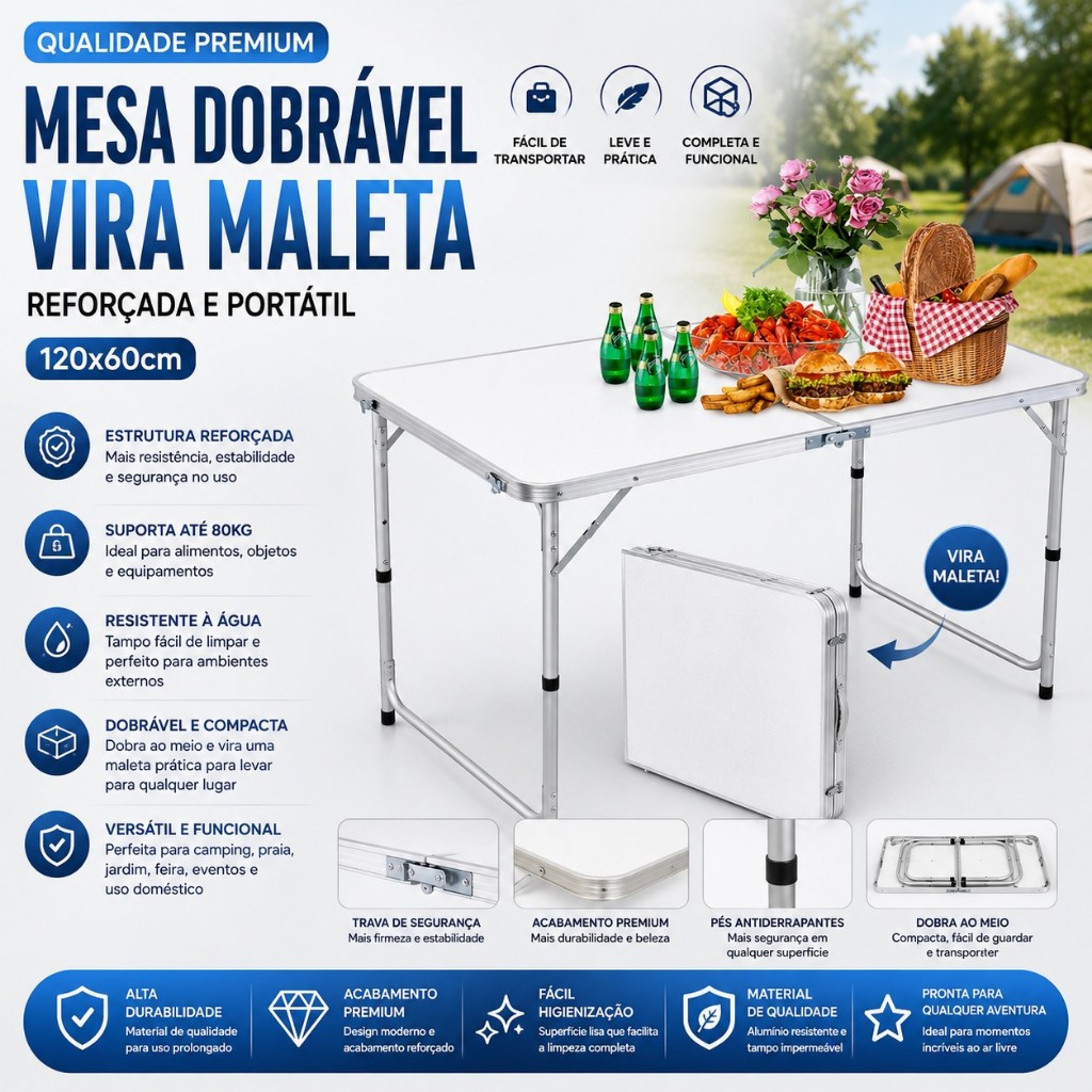 Mesa Dobrável Vira Maleta 120x60 Reforçada Branca | Portátil Camping Praia Jardim | Mesa Portátil P/ Feira Eventos