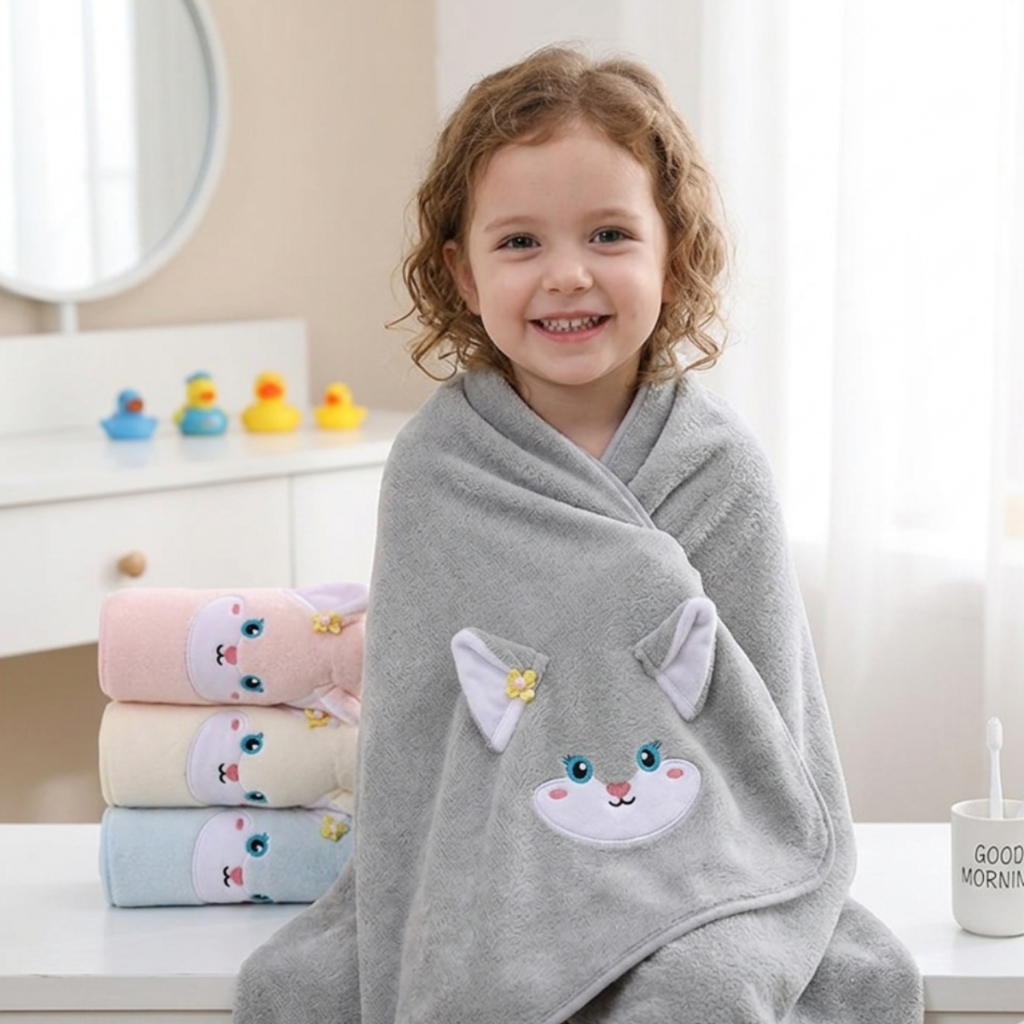 Toalha De Banho VEQE Infantil Bordado Gatinho Fofa Macia Absorvente Microfibras Premium