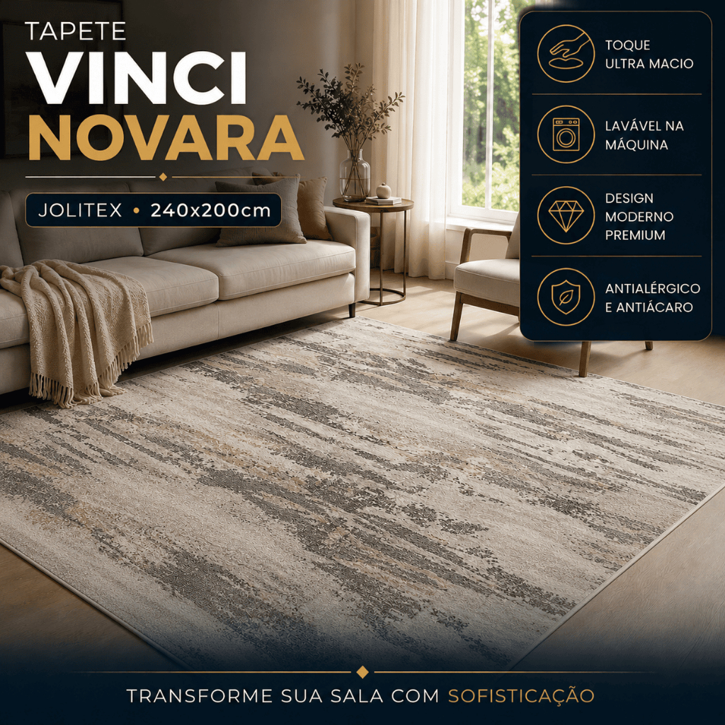 Tapete Grande Sala Jolitex Vinci Novara 240x200cm Lavável Máquina Antialérgico Dobrável Pelo Baixo