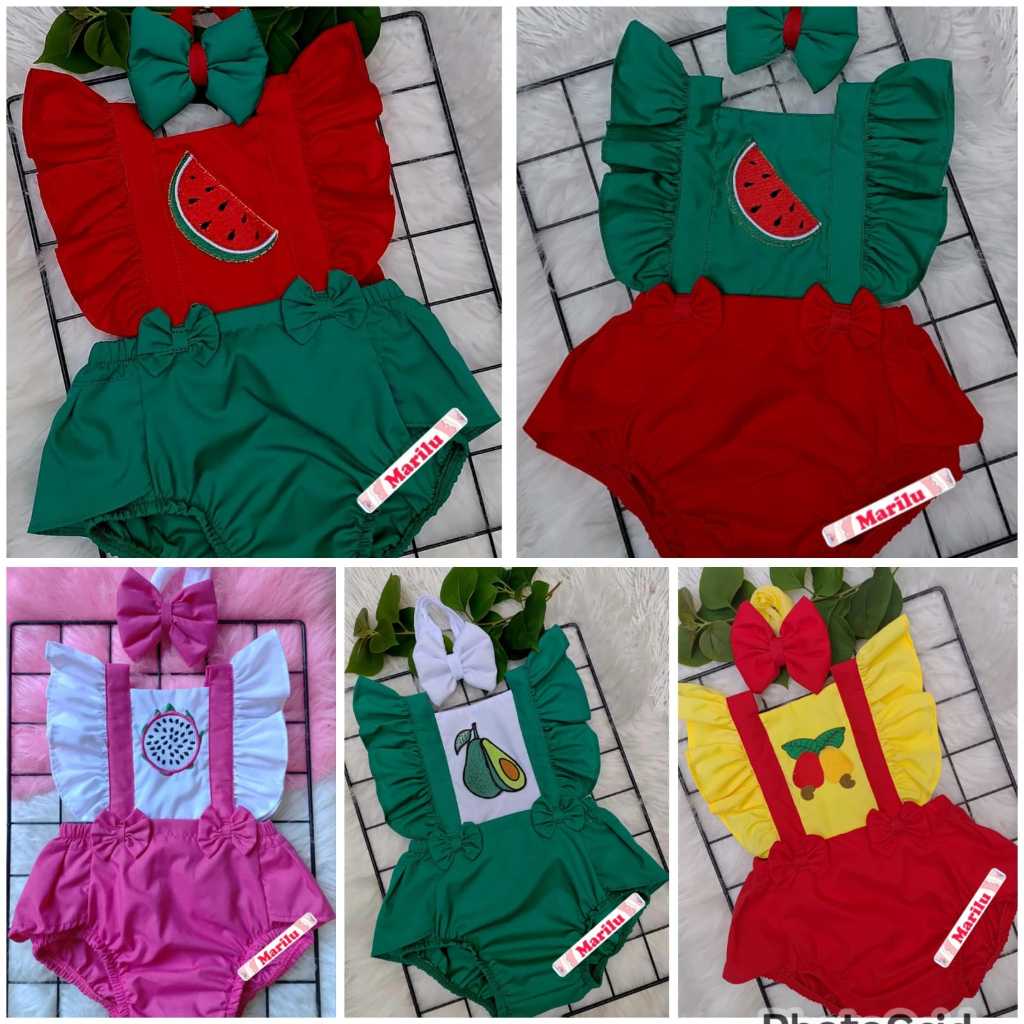 Jardineira romper temático, coleção frutinhas bordadas 2