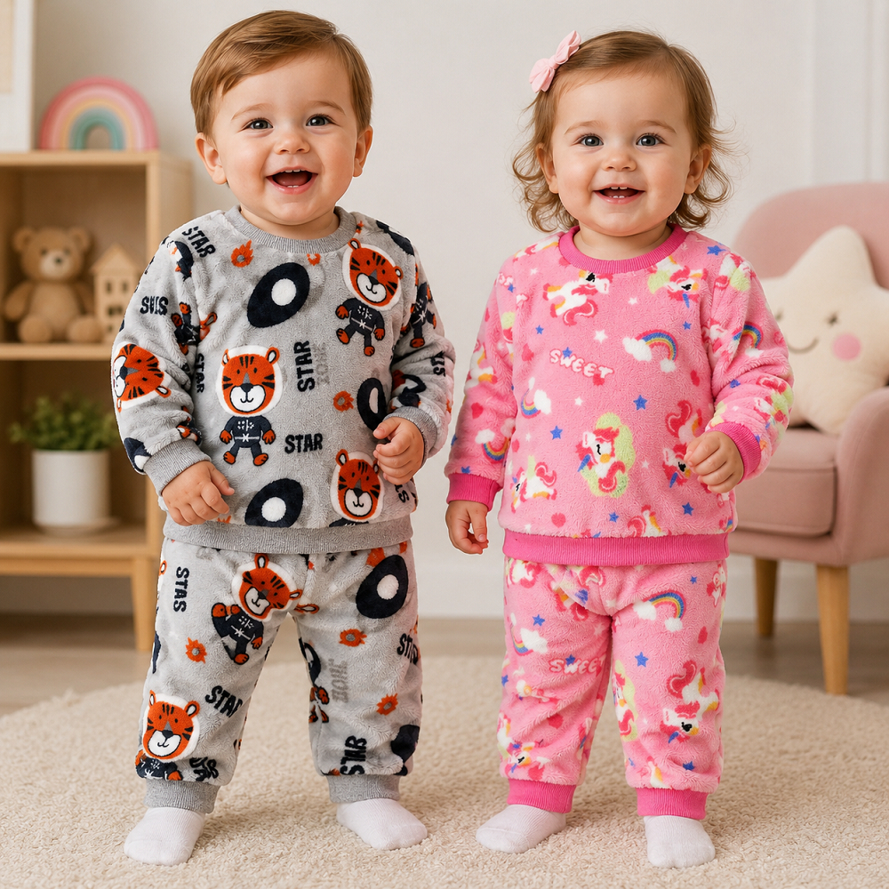 Conjunto Infantil Fleece Peluciado Inverno Manga Longa Macio Menino e Menina