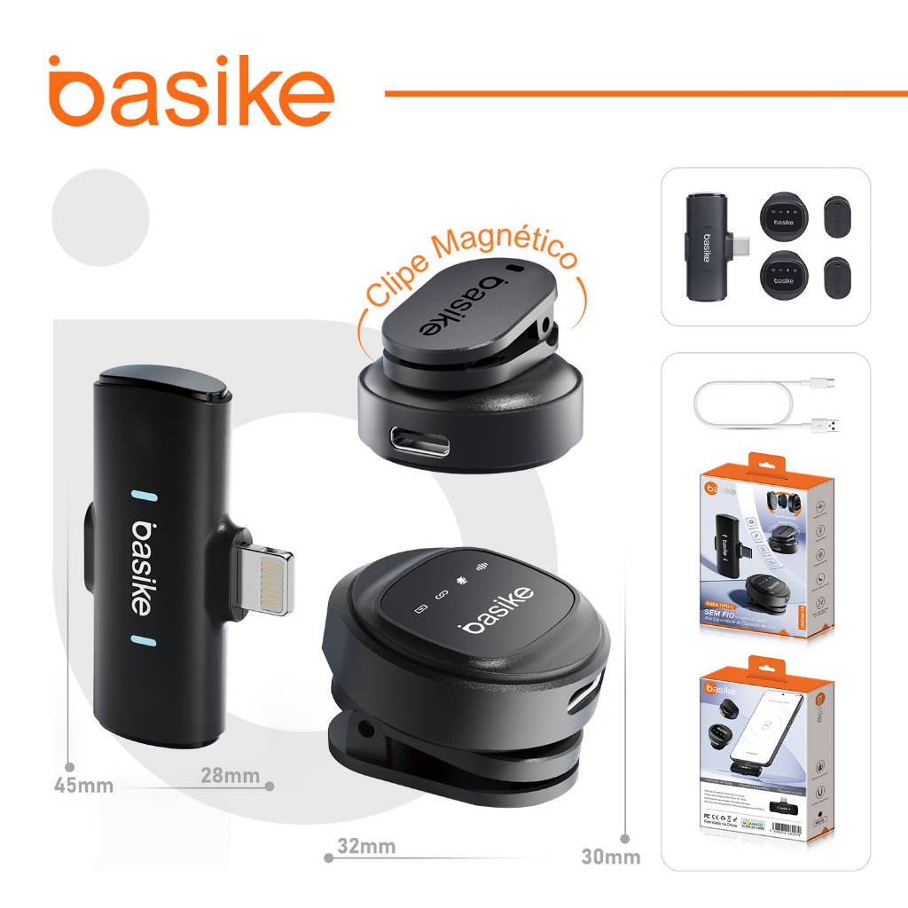 BASIKE Microfone Lapela Sem Fio Duplo Profissional Portátil Imã Redondo Anti Ruído Tipo C iPhone Gravação Celular