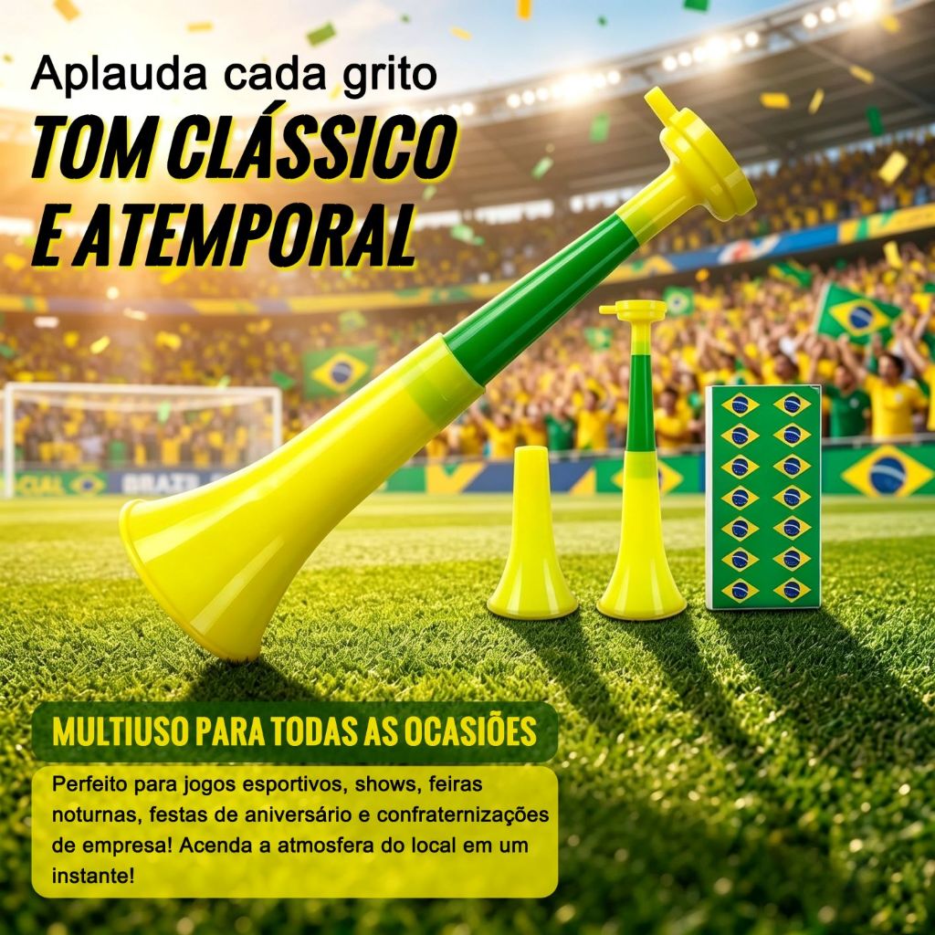 Corneta de Futebol Brasil Copa do Mundo 28cm Montagem Rápida com Adesivo da Bandeira, Acessório para Festas e Torcidas