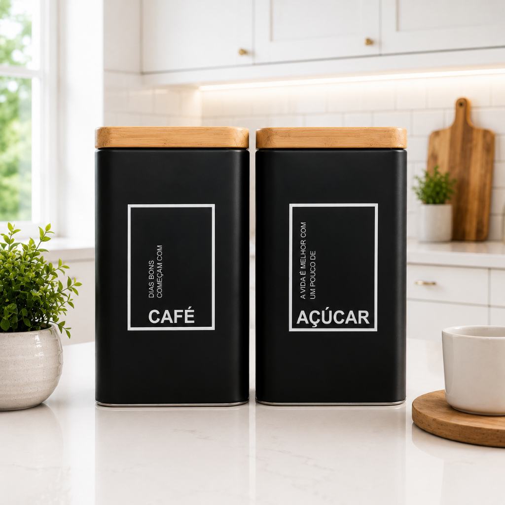 Kit 2 Potes Herméticos Café Açúcar Metal Preto Fosco Tampa Cozinha Moderna Casa Cozinha