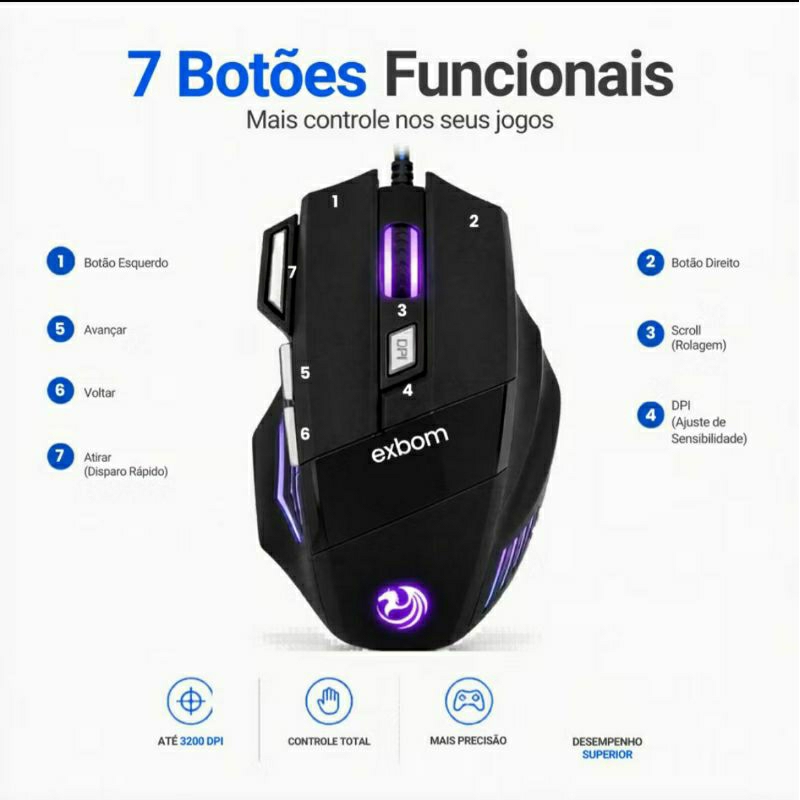 Mouse Gamer X7 2.400 DPI Óptico com LED RGB USB