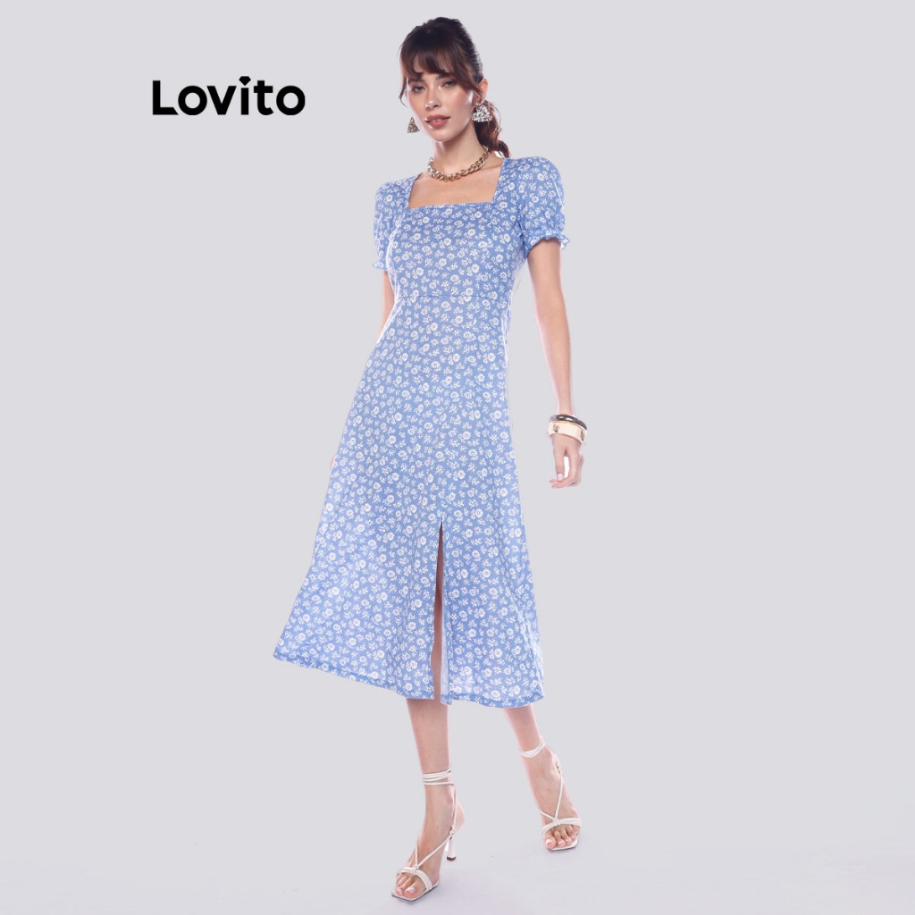Lovito Vestido Midi Feminino Mangas Curtas Estampa Floral DRB1143BRL1173
