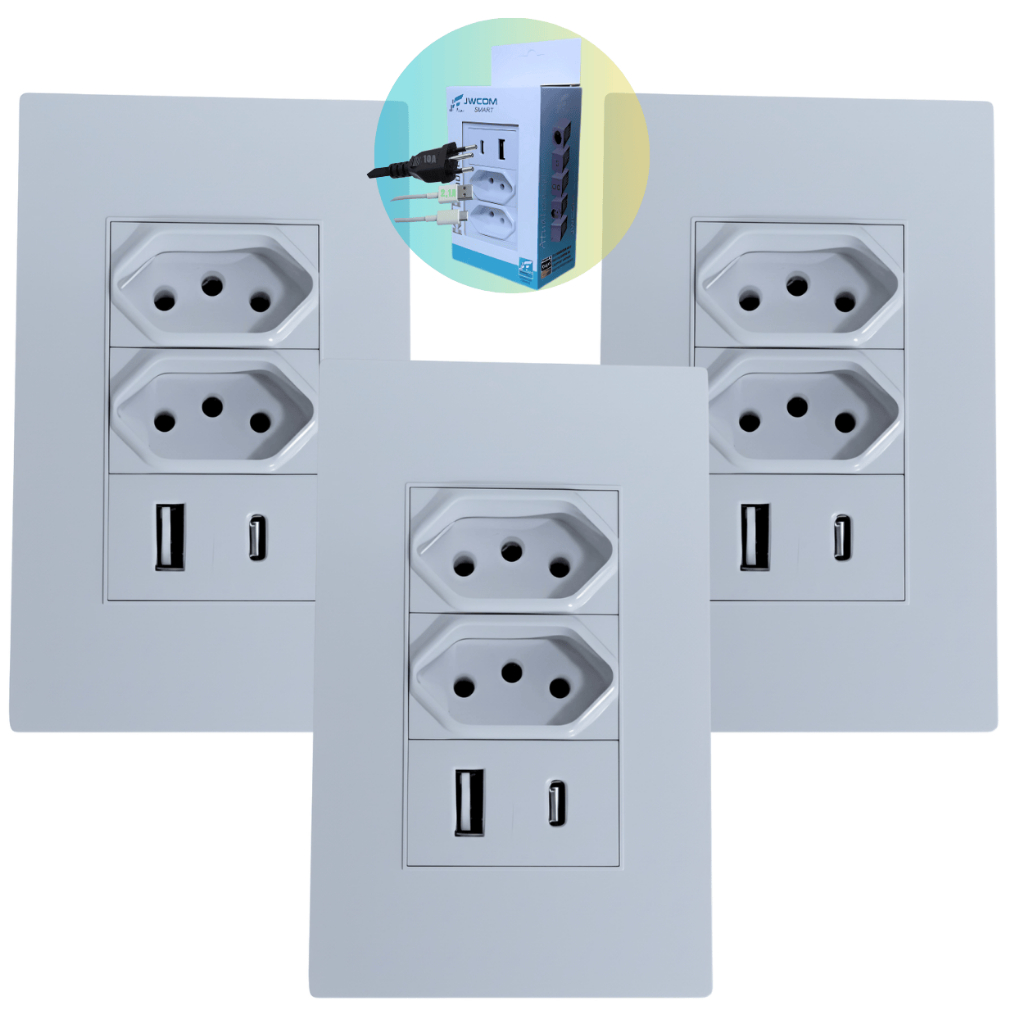 Tomada Dupla 10A com USB-A e USB-C Embutido Carregador Parede Bivolt 4x2 Branca com 1, 2 ou 3