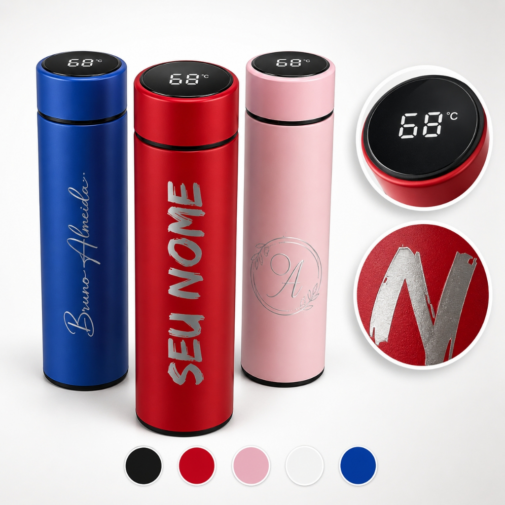 Garrafa Térmica Personalizada com LED inteligente 500ML - Nome, Logo, Desenho, Time