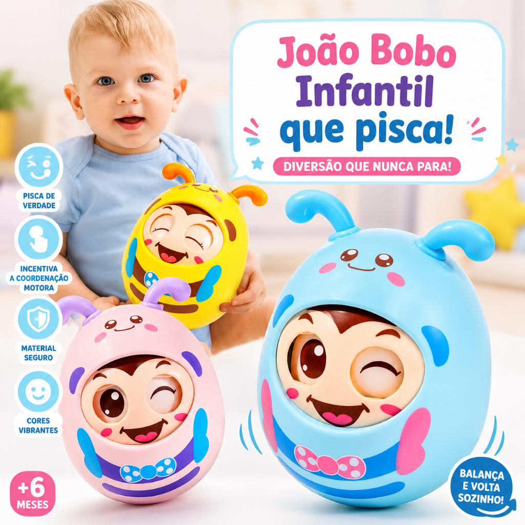 Brinquedo Infantil Chocalho Mordedor Sensorial Bebes e Crianças Joao Bobo Fofo que Pisca