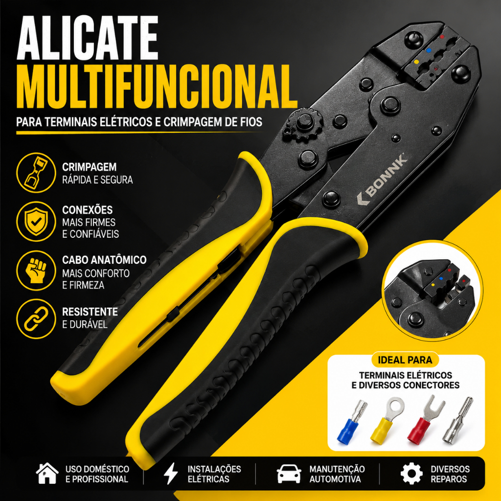 Alicate Multifuncional para Terminais Elétricos e Crimpagem de Fios