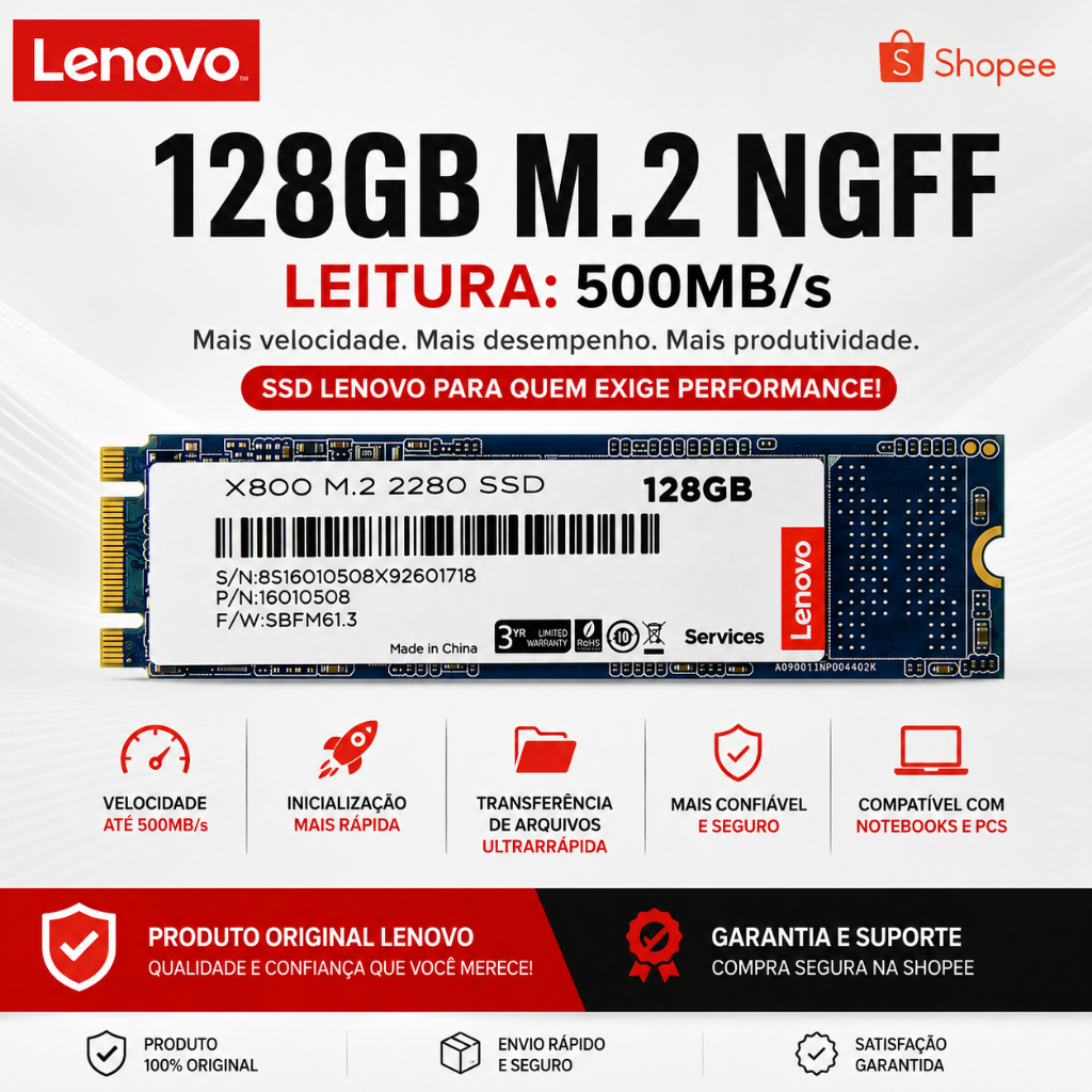 SSD M.2 SATA NGFF JUHOR LENOVO 128GB 256GB 512GB 1TB 2TB 2280 NOVOS