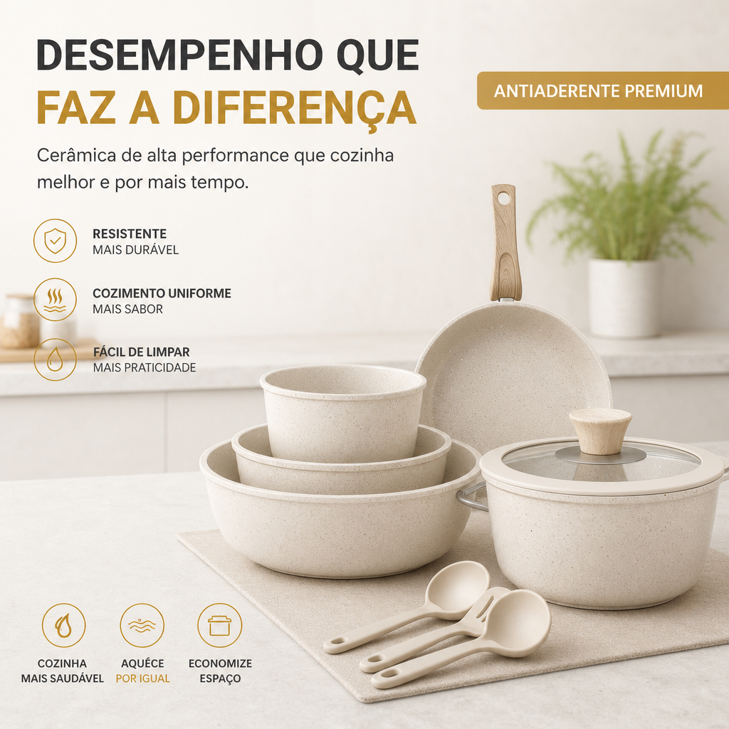 Jogo Conjunto de Panelas Cerâmica Ceramico Cabo Removível Antiaderente Forno Indução Gás 11pç Panela
