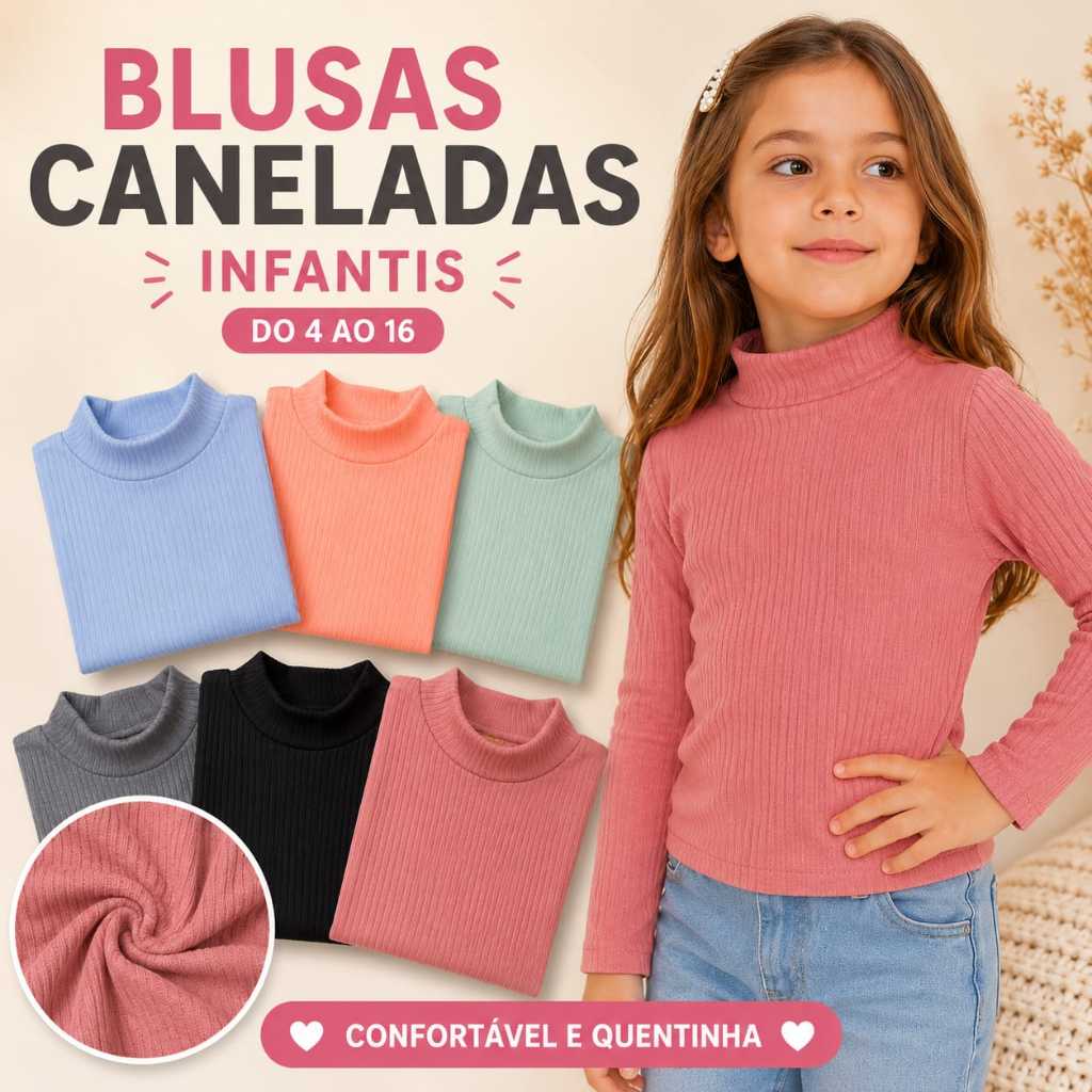 Blusa Canelada Infantil Gola Cacharrel Manga Longa Confortável Inverno Malha Ribana