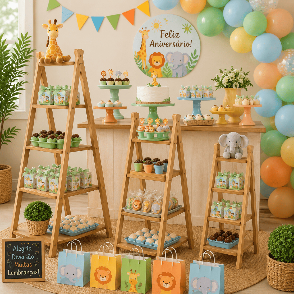 Decoração de Festa Kit 3 Escadinha de Chão Para Doces e Lembrancinhas em MDF – 2, 3 e 4 Degraus