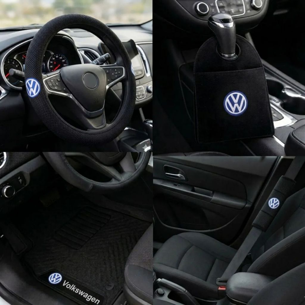 Jogo de Tapete Carpete com Capa de Volante + Protetor de Cinto + Lixeirinha Automotivo Bordado