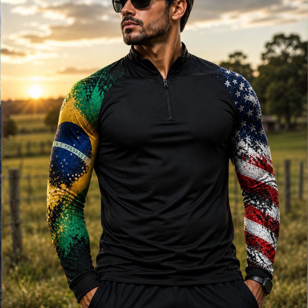 Camiseta Masculina UV50 Pesca Agro Brasil EUA Manga Longa Premium Streetwear Masculina Dry Fit