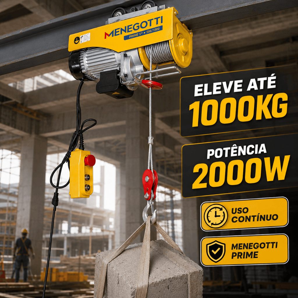 Guincho Elétrico de Coluna Menegotti Prime 500/1000kg 2000W Uso Contínuo Obra Carga Motor Monofásico