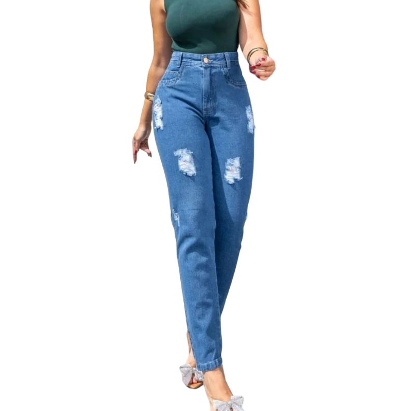 Calça Jeans Feminina Mom Destroyed moda feminina jeans rasgada
