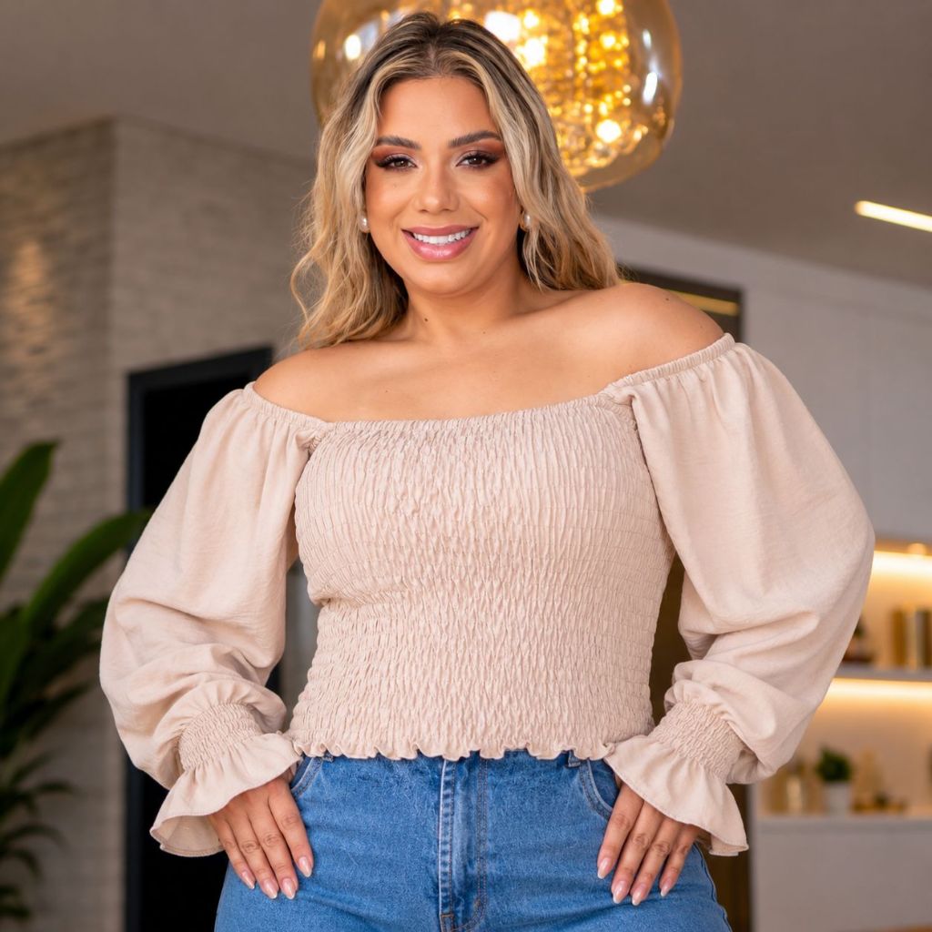 Cropped feminino lastex manga princesa bufante moda blogueira verão blusa ciganinha casual confortável tendência 2026