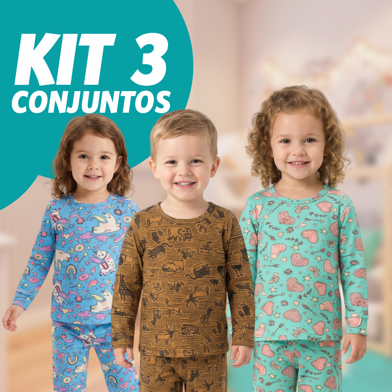 Kit 3 Conjuntos Térmicos Infantis Estampados 6 Peças Menina Menino Malha Blusa E Calça Inverno Peluciado Confortável Sor
