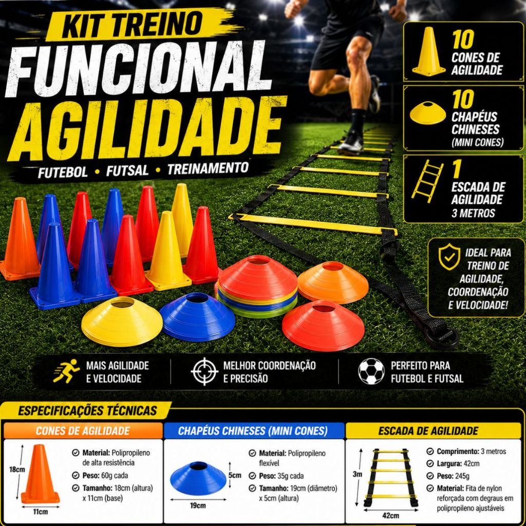Kit Treino Funcional Agilidade Futebol Futsal Escada 7 Degraus Cones Chapéu Chinês