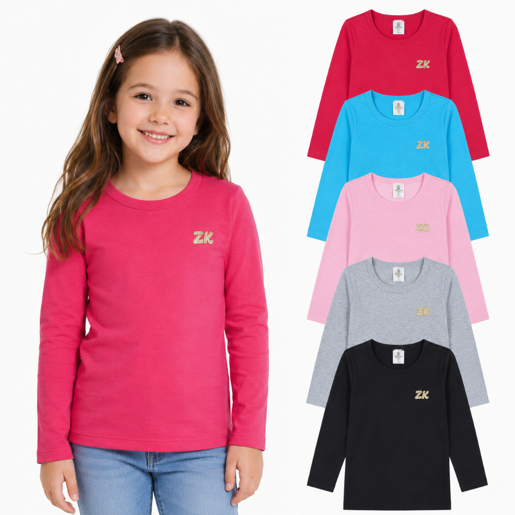 Camiseta Manga Longa Infantil Menina Lisa Inverno Meia Estação 100% Algodão