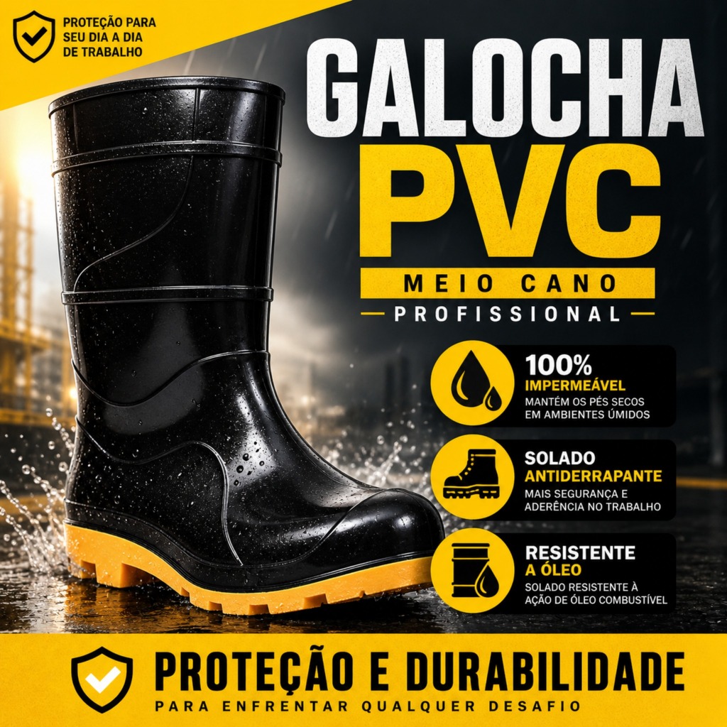 Galocha PVC Impermeável Antiderrapante Profissional Cano Médio Resistente a Óleo Trabalho Limpeza Motoboy Entregador