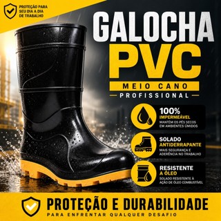 Galocha PVC Impermeável Antiderrapante Profissional Cano Médio Resistente a Óleo Trabalho Limpeza Motoboy Entregador