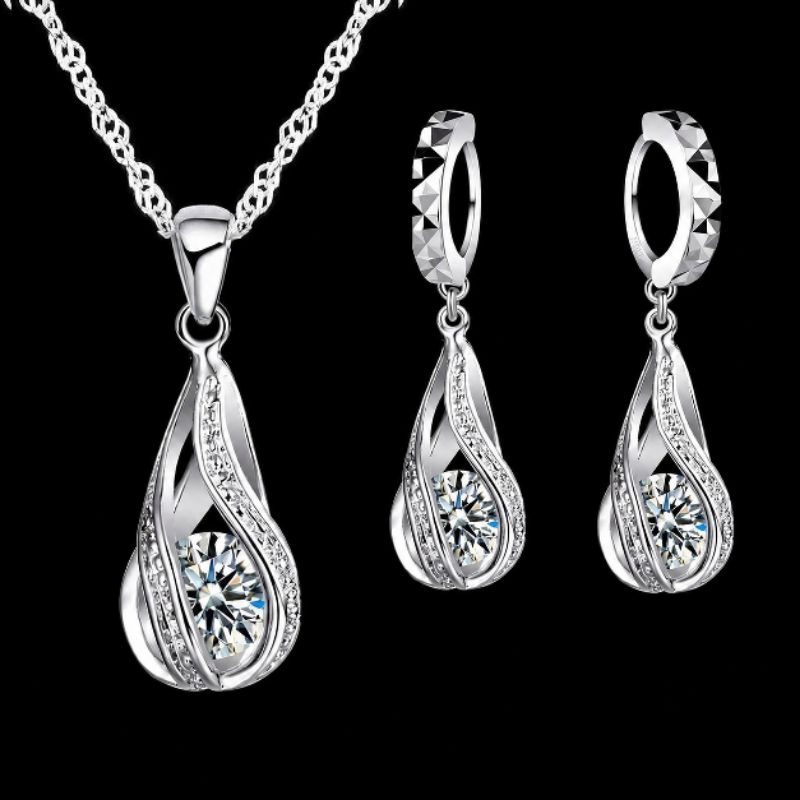 Conjunto Prata 925 Legítima Colar e Brincos Gota Zircônia | Hipoalérgico | Minimalista | Envio Imediato